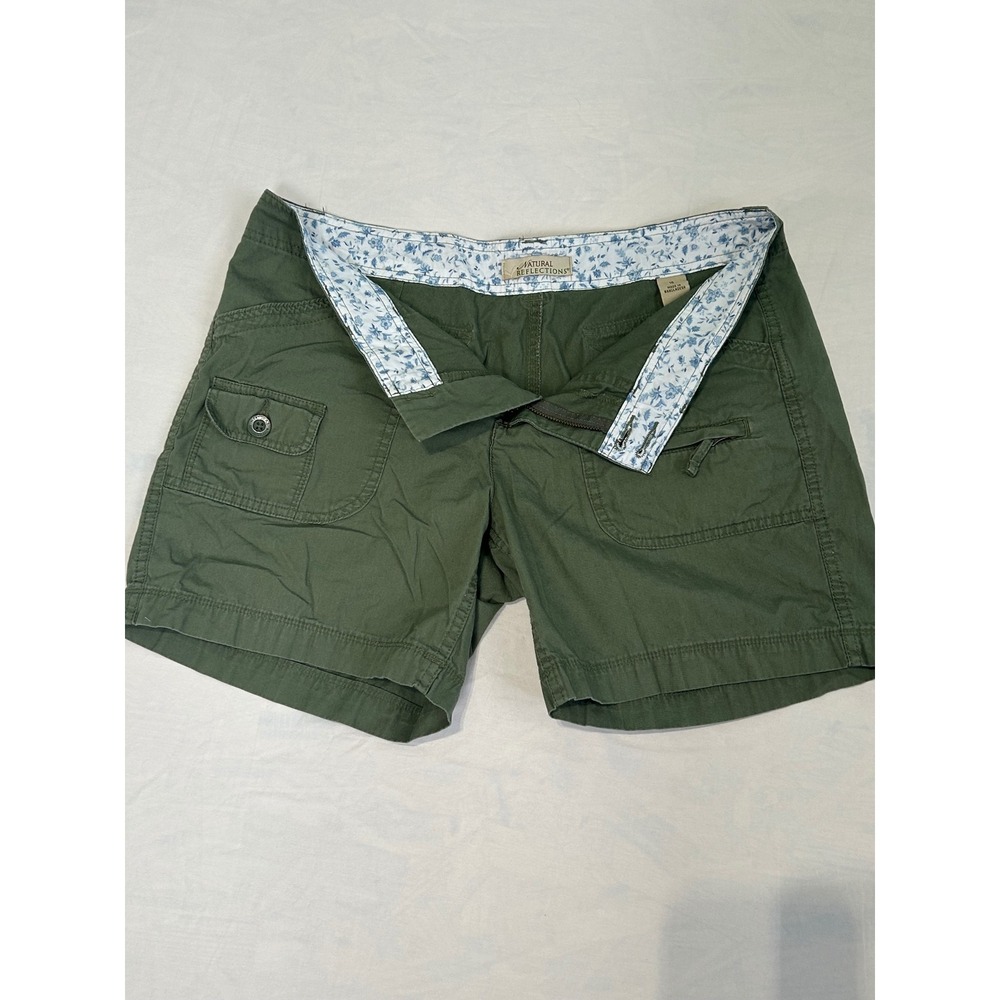 Natural Reflections Olive Green Cargo Utility Shorts Womens 10 Floral Waistband